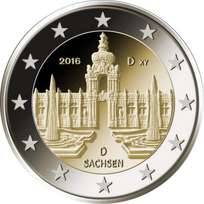Монета 2 евро 2016 г. Германия "Дрезден. Дворец Цвингер".